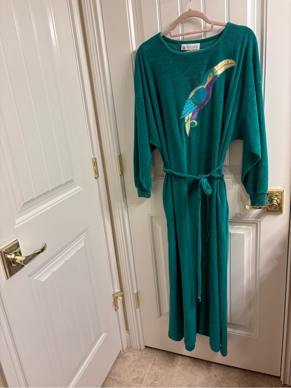 Vintage Vandemere Green Velour Maxi Beach Lounge Dress L Pop Art Appliqué Bird